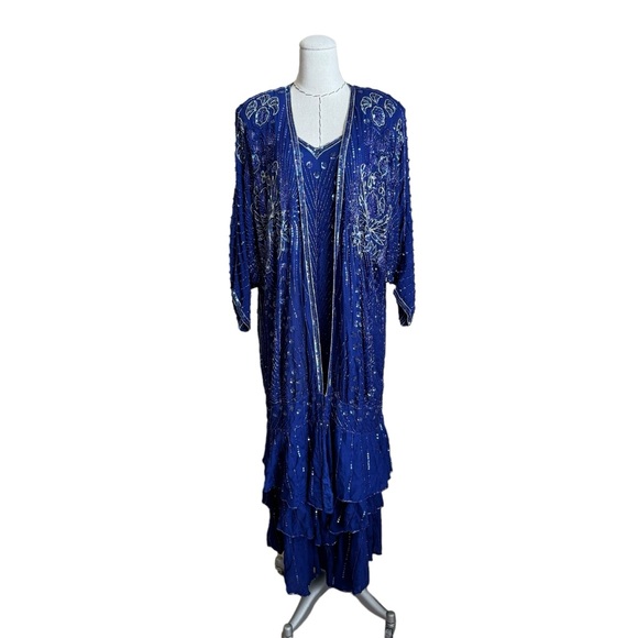 RARE Vintage 80s Judith Ann 2 pc Blue Silk Sequin Beaded Kimono Jacket and Dress - Picture 3 of 16